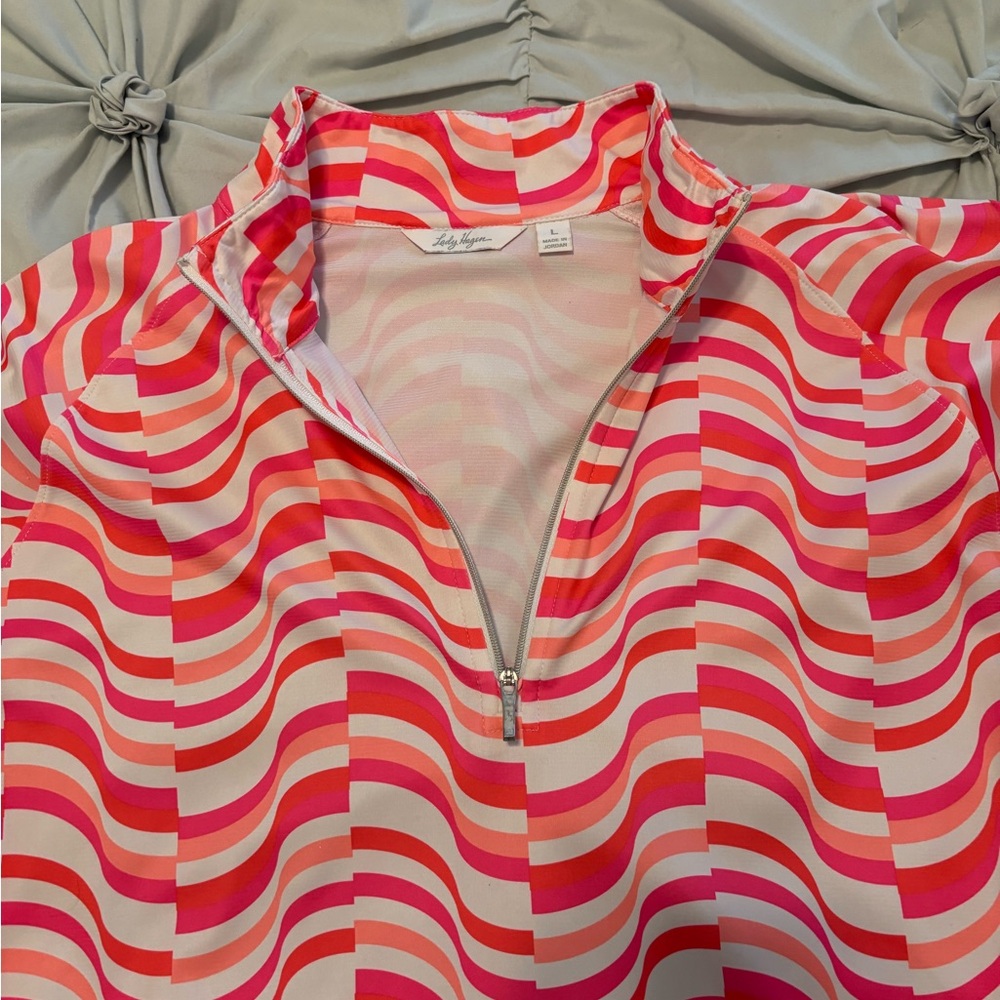 Lady Hagen Pink Orange and White Striped Quarter Zip Sporty Top Size Large - Picture 3 of 4
